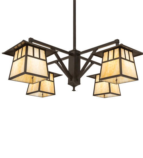 Meyda Lighting Stillwater 47" 4-Light Craftsman Brown Chandelier With Beige Art Shade Glass