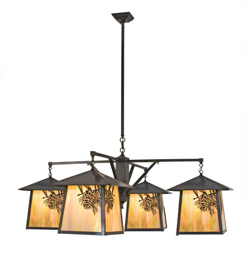 Meyda Lighting Stillwater 60" 4-Light Craftsman Brown Winter Pine Chandelier With Beige Iridescent Shade Glass