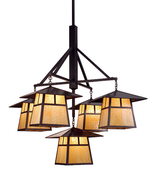 Meyda Lighting Stillwater 61" 5-Light Craftsman Brown Hanging Lantern Chandelier With Beige Art Shade Glass
