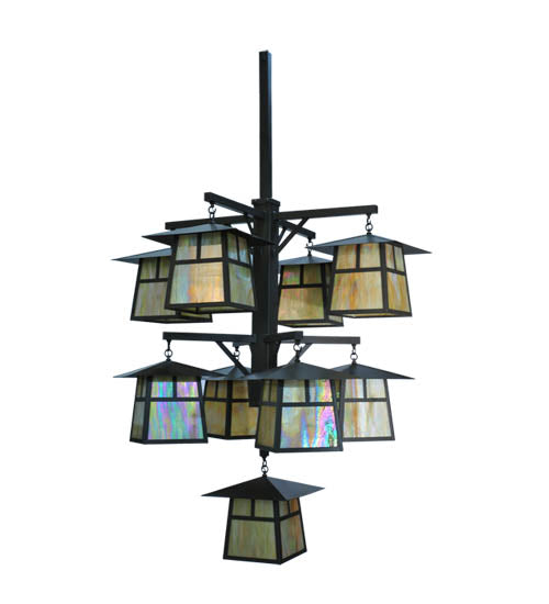 Meyda Lighting Stillwater 61" 9-Light Timeless Bronze T Mission Hanging Lantern Chandelier With Beige Iridescent Shade Glass
