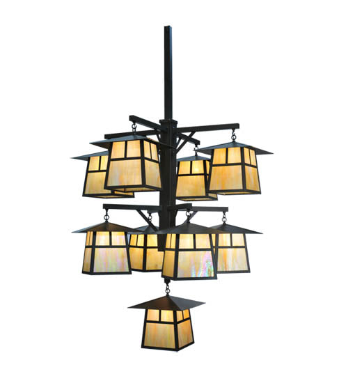 Meyda Lighting Stillwater 61" 9-Light Timeless Bronze T Mission Hanging Lantern Chandelier With Beige Iridescent Shade Glass