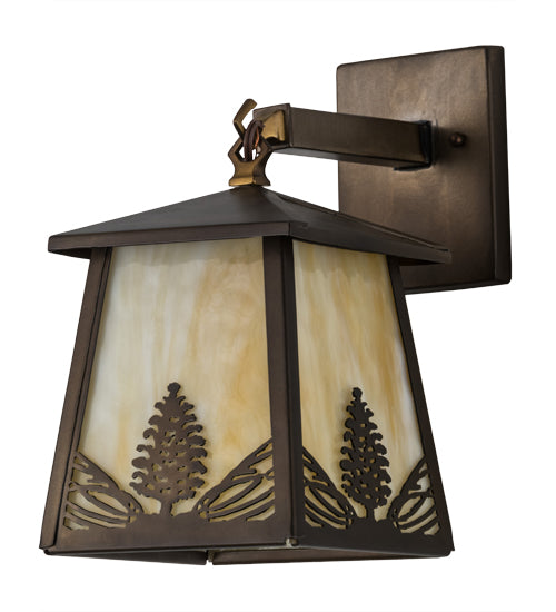 Meyda Lighting Stillwater 7" Antique Copper Mountain Pine Hanging Wall Sconce With Beige Art Shade Glass