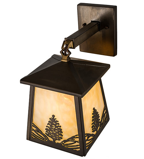 Meyda Lighting Stillwater 7" Antique Copper Mountain Pine Hanging Wall Sconce With Beige Art Shade Glass