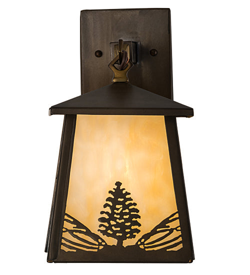 Meyda Lighting Stillwater 7" Antique Copper Mountain Pine Hanging Wall Sconce With Beige Art Shade Glass