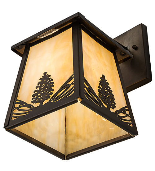 Meyda Lighting Stillwater 7" Antique Copper Mountain Pine Hanging Wall Sconce With Beige Art Shade Glass