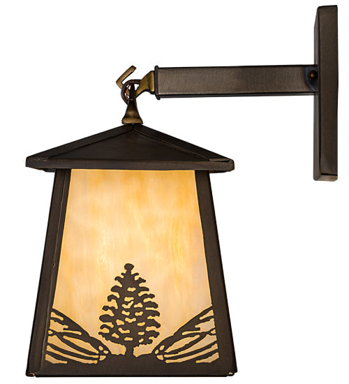 Meyda Lighting Stillwater 7" Antique Copper Mountain Pine Hanging Wall Sconce With Beige Art Shade Glass