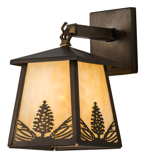 Meyda Lighting Stillwater 7" Antique Copper Mountain Pine Hanging Wall Sconce With Beige Art Shade Glass