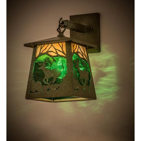 Meyda Lighting Stillwater 7" Tarnished Copper Deer at Dawn Hanging Wall Sconce With Beige Iridescent & Green Water Shade Glass