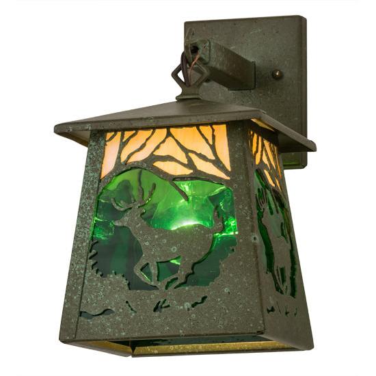 Meyda Lighting Stillwater 7" Tarnished Copper Deer at Dawn Hanging Wall Sconce With Beige Iridescent & Green Water Shade Glass