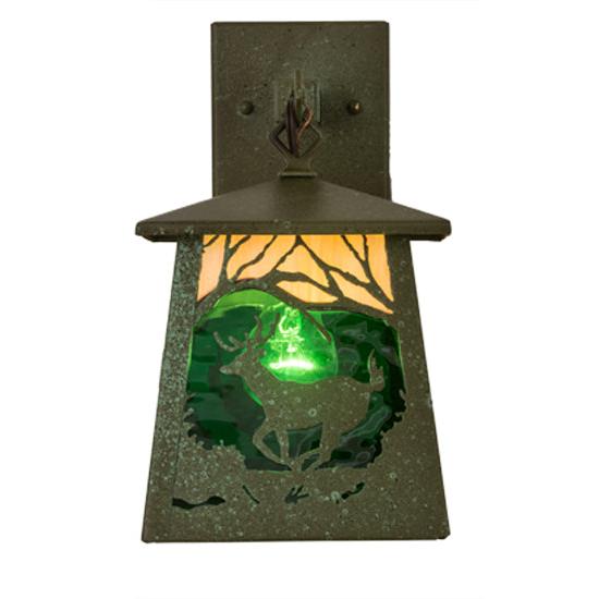 Meyda Lighting Stillwater 7" Tarnished Copper Deer at Dawn Hanging Wall Sconce With Beige Iridescent & Green Water Shade Glass