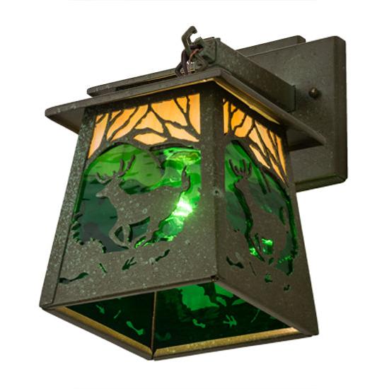 Meyda Lighting Stillwater 7" Tarnished Copper Deer at Dawn Hanging Wall Sconce With Beige Iridescent & Green Water Shade Glass
