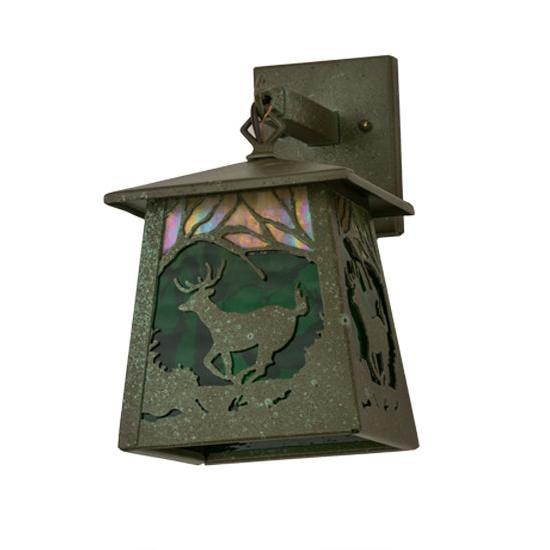 Meyda Lighting Stillwater 7" Tarnished Copper Deer at Dawn Hanging Wall Sconce With Beige Iridescent & Green Water Shade Glass
