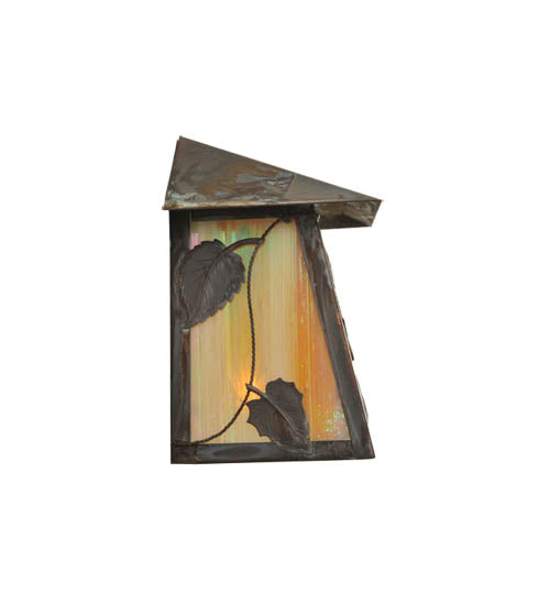 Meyda Lighting Stillwater 7" Vintage Copper Vine Leaf Wall Sconce With Beige Iridescent Shade Glass