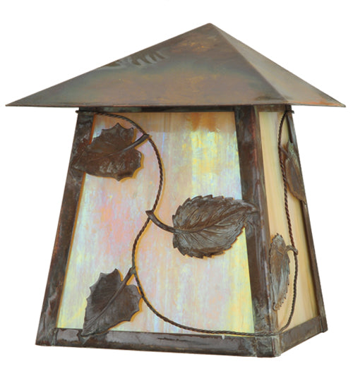 Meyda Lighting Stillwater 7" Vintage Copper Vine Leaf Wall Sconce With Beige Iridescent Shade Glass