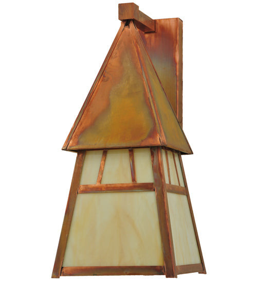 Meyda Lighting Stillwater 7.40"Sq Vintage Copper Double Bar Mission Wall Sconce With Beige Iridescent Art Shade Glass