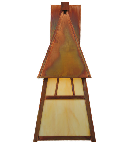 Meyda Lighting Stillwater 7.40"Sq Vintage Copper Double Bar Mission Wall Sconce With Beige Iridescent Art Shade Glass