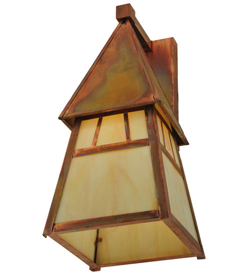 Meyda Lighting Stillwater 7.40"Sq Vintage Copper Double Bar Mission Wall Sconce With Beige Iridescent Art Shade Glass