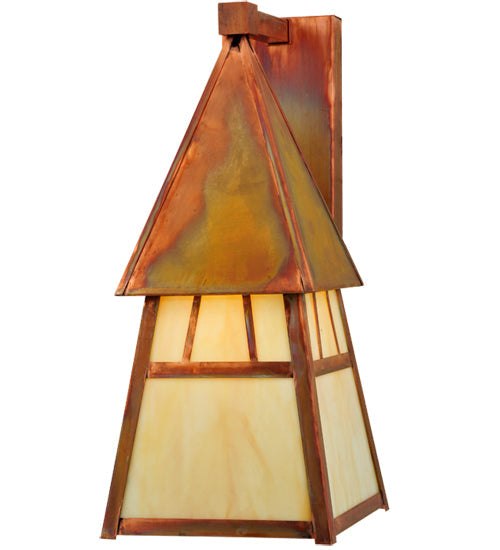 Meyda Lighting Stillwater 7.40"Sq Vintage Copper Double Bar Mission Wall Sconce With Beige Iridescent Art Shade Glass