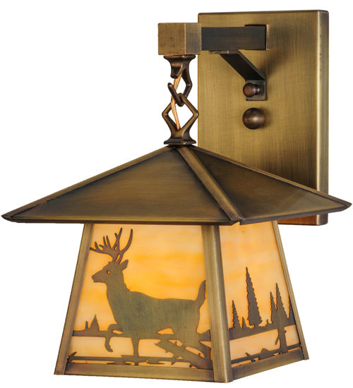 Meyda Lighting Stillwater 8" Antique Brass Deer Creek Creek Hanging Wall Sconce With Beige Art Shade Glass