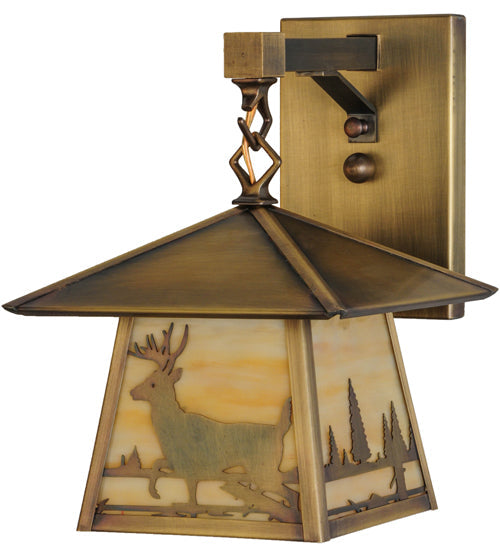 Meyda Lighting Stillwater 8" Antique Brass Deer Creek Creek Hanging Wall Sconce With Beige Art Shade Glass