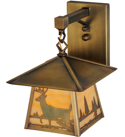 Meyda Lighting Stillwater 8" Antique Brass Deer Creek Creek Hanging Wall Sconce With Beige Art Shade Glass