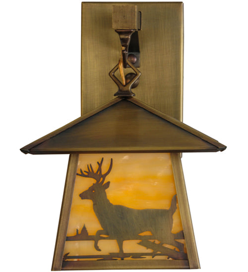 Meyda Lighting Stillwater 8" Antique Brass Deer Creek Creek Hanging Wall Sconce With Beige Art Shade Glass