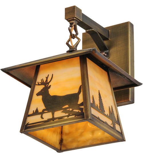 Meyda Lighting Stillwater 8" Antique Brass Deer Creek Creek Hanging Wall Sconce With Beige Art Shade Glass