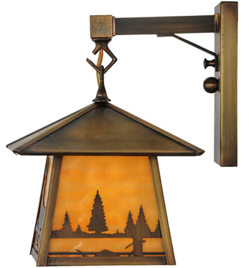 Meyda Lighting Stillwater 8" Antique Brass Deer Creek Creek Hanging Wall Sconce With Beige Art Shade Glass