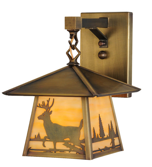 Meyda Lighting Stillwater 8" Antique Brass Deer Creek Creek Hanging Wall Sconce With Beige Art Shade Glass