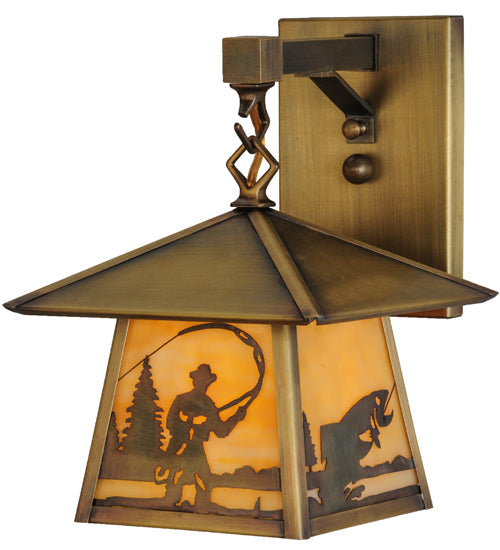 Meyda Lighting Stillwater 8" Antique Brass Fly Fishing Creek Hanging Wall Sconce With Beige Art Shade Glass