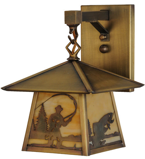 Meyda Lighting Stillwater 8" Antique Brass Fly Fishing Creek Hanging Wall Sconce With Beige Art Shade Glass