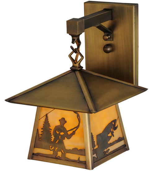 Meyda Lighting Stillwater 8" Antique Brass Fly Fishing Creek Hanging Wall Sconce With Beige Art Shade Glass