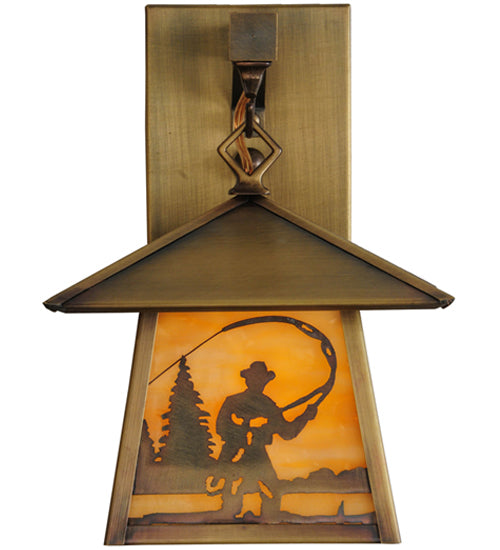 Meyda Lighting Stillwater 8" Antique Brass Fly Fishing Creek Hanging Wall Sconce With Beige Art Shade Glass