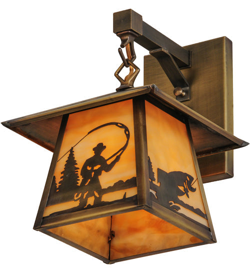 Meyda Lighting Stillwater 8" Antique Brass Fly Fishing Creek Hanging Wall Sconce With Beige Art Shade Glass