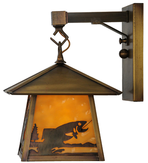 Meyda Lighting Stillwater 8" Antique Brass Fly Fishing Creek Hanging Wall Sconce With Beige Art Shade Glass