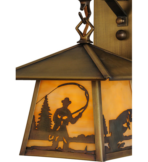 Meyda Lighting Stillwater 8" Antique Brass Fly Fishing Creek Hanging Wall Sconce With Beige Art Shade Glass