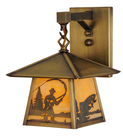 Meyda Lighting Stillwater 8" Antique Brass Fly Fishing Creek Hanging Wall Sconce With Beige Art Shade Glass