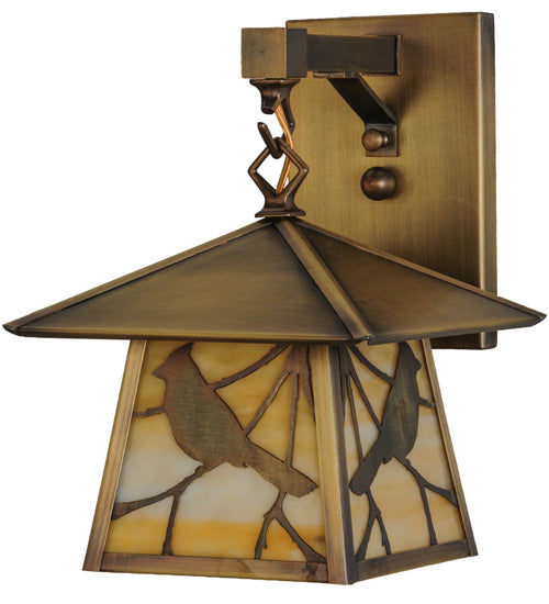 Meyda Lighting Stillwater 8" Antique Brass Song Bird Hanging Wall Sconce With Beige Art Shade Glass