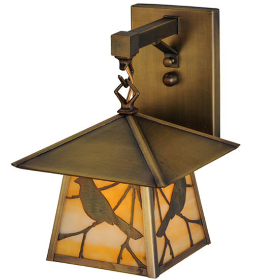 Meyda Lighting Stillwater 8" Antique Brass Song Bird Hanging Wall Sconce With Beige Art Shade Glass