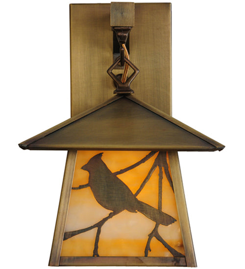 Meyda Lighting Stillwater 8" Antique Brass Song Bird Hanging Wall Sconce With Beige Art Shade Glass