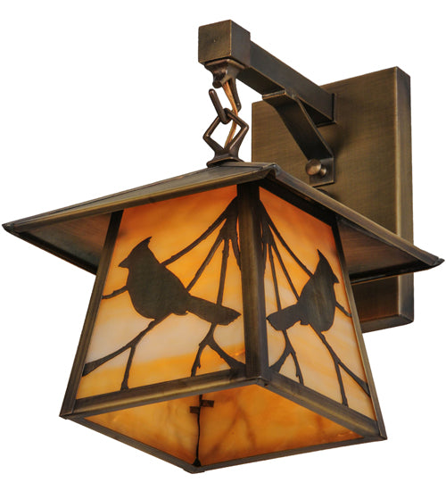 Meyda Lighting Stillwater 8" Antique Brass Song Bird Hanging Wall Sconce With Beige Art Shade Glass