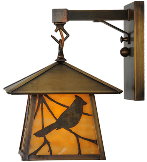 Meyda Lighting Stillwater 8" Antique Brass Song Bird Hanging Wall Sconce With Beige Art Shade Glass