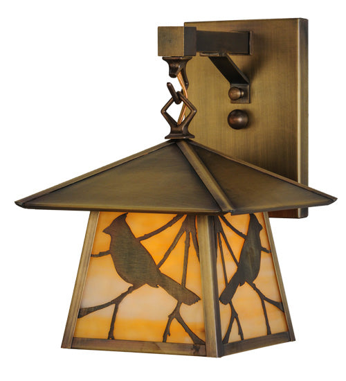 Meyda Lighting Stillwater 8" Antique Brass Song Bird Hanging Wall Sconce With Beige Art Shade Glass