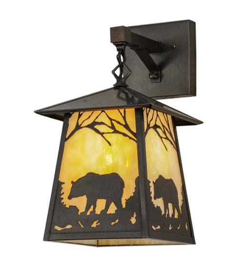 Meyda Lighting Stillwater 8" Craftsman Brown Bear at Dawn Hanging Wall Sconce With Beige Art Shade Glass