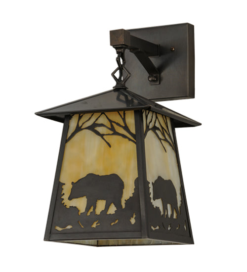 Meyda Lighting Stillwater 8" Craftsman Brown Bear at Dawn Hanging Wall Sconce With Beige Art Shade Glass