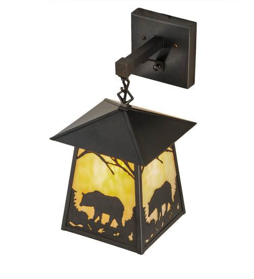Meyda Lighting Stillwater 8" Craftsman Brown Bear at Dawn Hanging Wall Sconce With Beige Art Shade Glass