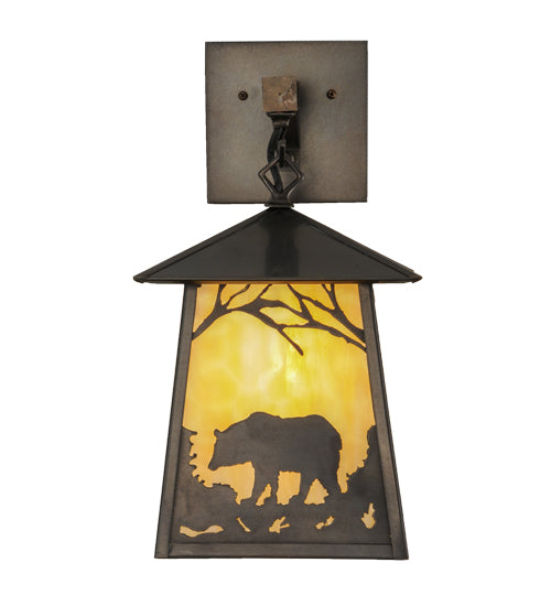 Meyda Lighting Stillwater 8" Craftsman Brown Bear at Dawn Hanging Wall Sconce With Beige Art Shade Glass