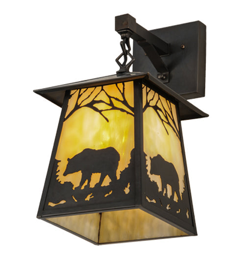 Meyda Lighting Stillwater 8" Craftsman Brown Bear at Dawn Hanging Wall Sconce With Beige Art Shade Glass