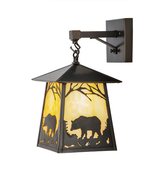 Meyda Lighting Stillwater 8" Craftsman Brown Bear at Dawn Hanging Wall Sconce With Beige Art Shade Glass