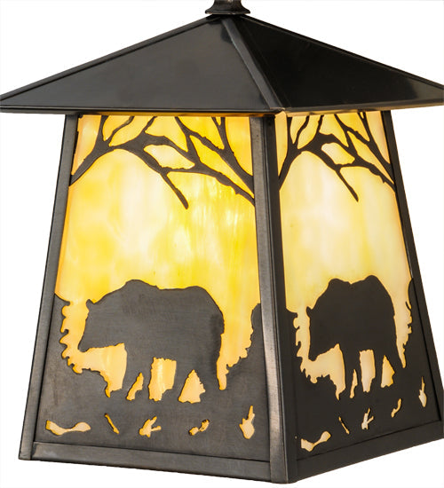 Meyda Lighting Stillwater 8" Craftsman Brown Bear at Dawn Hanging Wall Sconce With Beige Art Shade Glass
